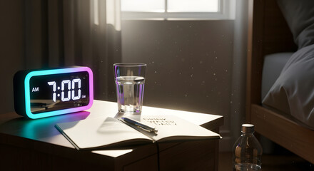 Early morning tranquility with a luminous digital clock, journal, and water on a nightstand as sunlight fills the room