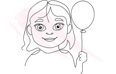 A continuous line drawing a smiling child holding a balloon with  brush strokes Single line