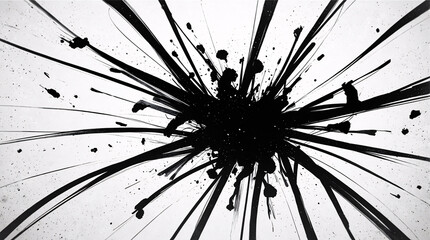 Chaotic black ink splatter radiating outwards on a white background