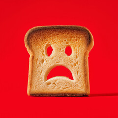 Sad face in the middle of toast, isolated on a red background, studio shot.

