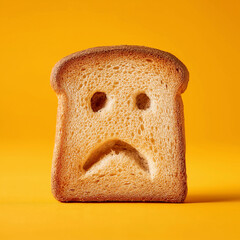 Sad face in the middle of toast, isolated on a red background, studio shot.

