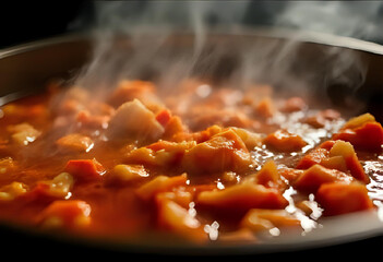 Close-up Steaming Hot Kimchi Stew with Vegetables in a Pan