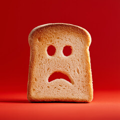 Sad face in the middle of toast, isolated on a red background, studio shot.


