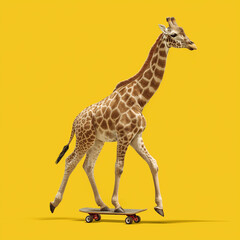 A giraffe is riding a small skateboard. The background is yellow