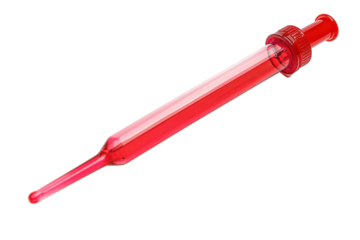 Red glass syringe with liquid isolated on transparent background. Dropper isolated on white background.