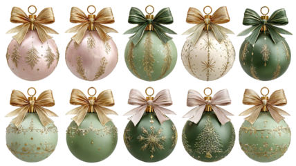Beautiful set of pink gold and green christmas ornaments with decorative bows isolated on transparent background high resolution png design perfect for festive decor and holiday projects
