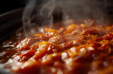 Close-up Steaming Hot Kimchi Stew with Vegetables in a Pan