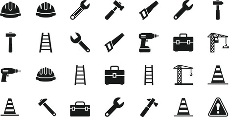 Collection of construction and repair tools and safety equipment icons isolated on transparent background