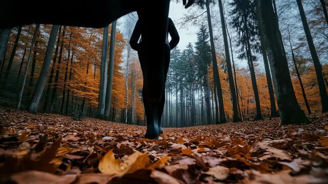 Low angle shot of a person walking on fallen leaves in a colorful autumn forest