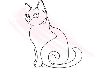 A minimalist single line drawing a cat sitting with  brush strokes animal feline
