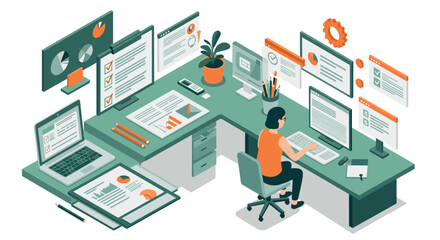 Obraz premium Modern office isometric workspace with digital charts and productivity tools