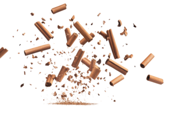 Cinnamon sticks falling and floating isolated on transparent background. Falling cinnamon sticks isolated on white background.