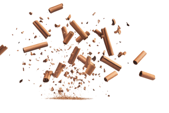 Cinnamon sticks falling and floating isolated on transparent background. Falling cinnamon sticks isolated on white background. - Powered by Adobe