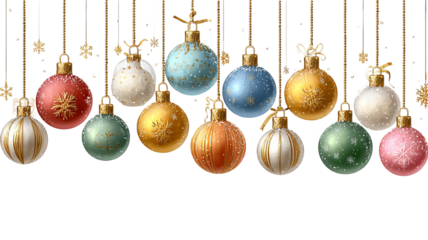 Festive holiday ornaments hanging from shimmering golden strings with vibrant colors and sparkling reflections creating a joyful Christmas atmosphere in high resolution PNG style