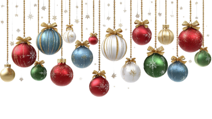 Festive holiday ornaments hanging from shimmering golden strings with vibrant colors and sparkling reflections creating a joyful Christmas atmosphere in high resolution PNG style