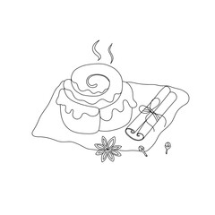 Vector illustration of a fragrant Cinnabon bun with a cinnamon stick, star anise and cloves in a doodle style