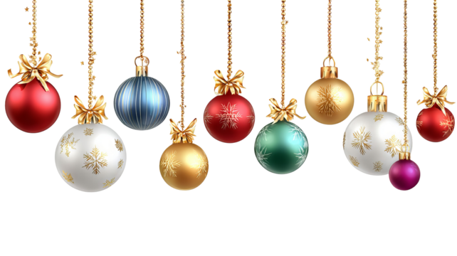 Festive holiday ornaments hanging from shimmering golden strings with vibrant colors and sparkling reflections creating a joyful Christmas atmosphere in high resolution PNG style