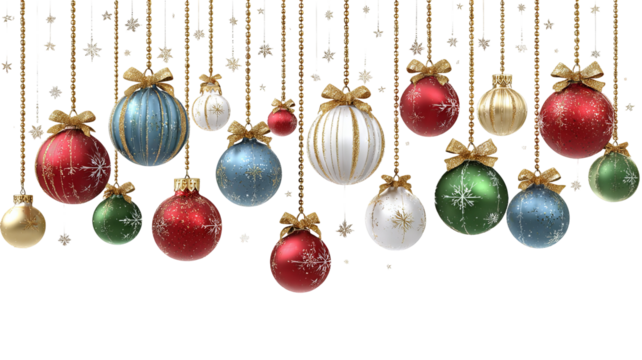 Festive holiday ornaments hanging from shimmering golden strings with vibrant colors and sparkling reflections creating a joyful Christmas atmosphere in high resolution PNG style