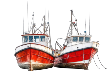 Colorful fishing boats in a row isolated on transparent background. Fishing boats isolated on white background.