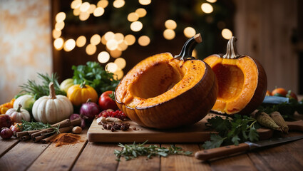 Cut oven-baked pumpkins on a wooden table surrounded by various vegetables and herbs