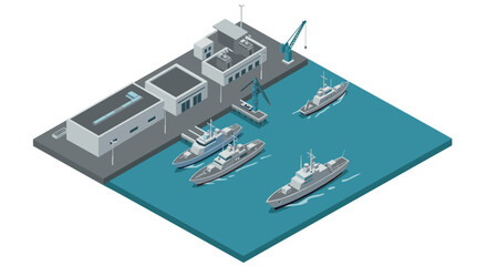 Isometric harbor with ships and cranes in modern marine port design