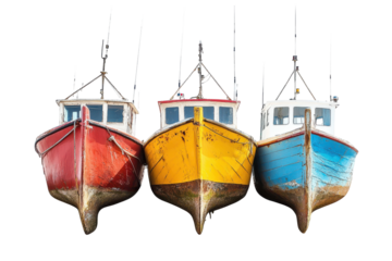 Colorful fishing boats in a row isolated on transparent background. Fishing boats isolated on white background.