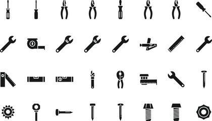 Collection of various hand tool icons and silhouettes representing repair and construction isolated on transparent background