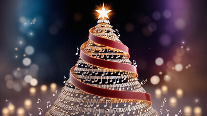 A decorated Christmas tree with musical notes and a star on top