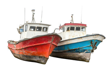 Obraz premium Colorful fishing boats in a row isolated on transparent background. Fishing boats isolated on white background.