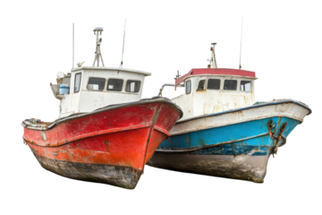 Colorful fishing boats in a row isolated on transparent background. Fishing boats isolated on white background.