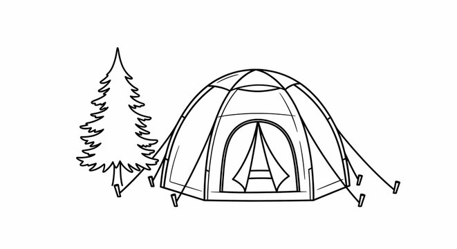 Line art illustration of a camping tent with evergreen tree, simple black and white design for outdoor adventure and nature enthusiasts