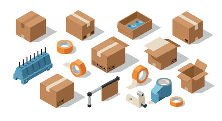 Isometric cardboard boxes and packaging supplies set for shipping and storage
