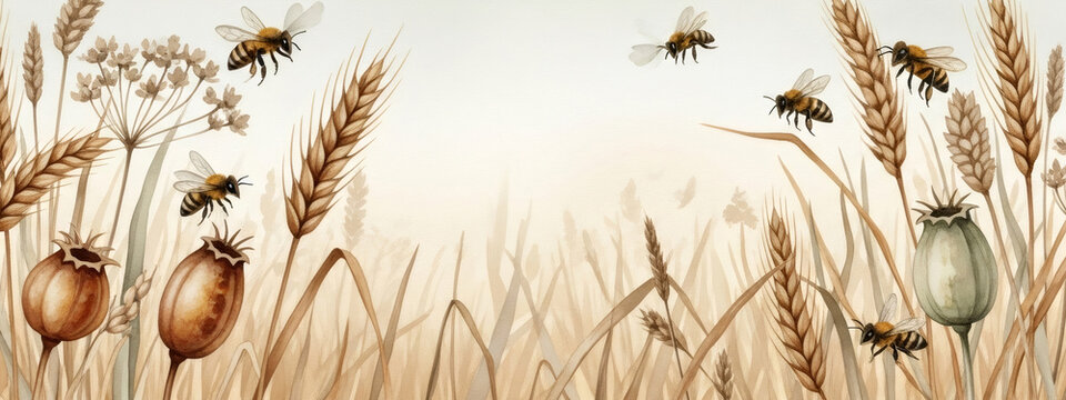 Watercolor honeybee and wheat field. Nature art print. International bee day, honey festival project. Wildlife illustration.