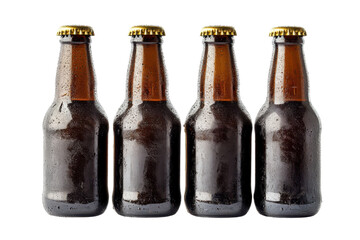Dark glass beer bottles with condensation isolated on transparent background. Cold beer bottles isolated on white background.