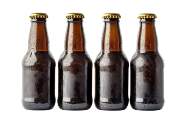 Dark glass beer bottles with condensation isolated on transparent background. Cold beer bottles isolated on white background.