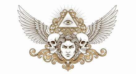 Intricate illustration of mystical symbols with eye, wings, skulls, and face featuring detailed design in black and gold on white background