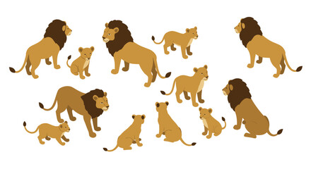 Family of lions in various poses with cubs in flat style