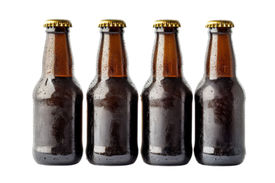 Dark glass beer bottles with condensation isolated on transparent background. Cold beer bottles isolated on white background.