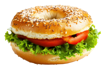 Freshly made bagel sandwich with lettuce tomato and cheese isolated on transparent background. Fresh bagel sandwich isolated on white background.