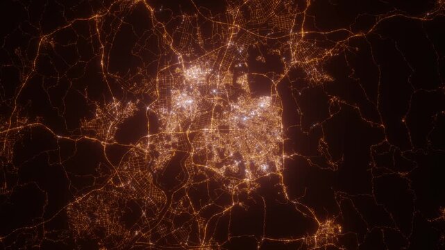 Gwangju (South Korea) aerial view at night. Top view on modern city with glow effect. Camera is zooming out, rotating counterclockwise