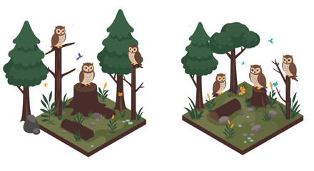 Fototapeta premium Enchanting woodland scene with owls amidst trees and wildlife in isometric view