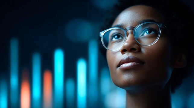In a futuristic office, a focused Black businesswoman gazes at a glowing bar chart that represents data analysis. The setting is filled with technology and a sense of ambition