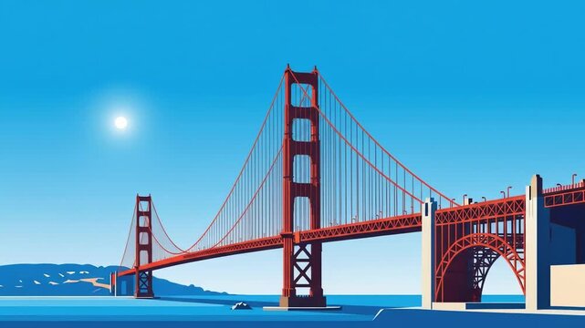 Iconic orange suspension bridge spanning blue water under a clear sky with a bright sun