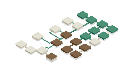Isometric flowchart diagram with connected 3d squares in green and brown