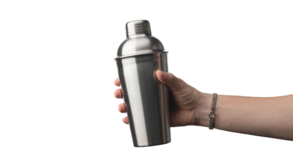 hand holding a silver cocktail shaker ready for drink. Isolated on transparent background, png