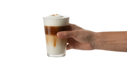 hand holding a glass of layered coffee drink. Isolated on transparent background, png