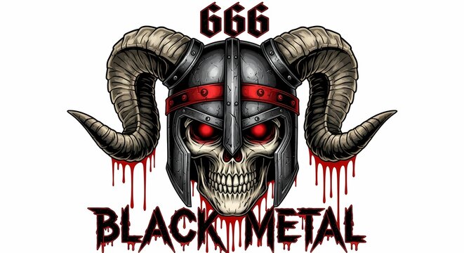 Black Metal Demon Skull with Horns and 666 Symbol Vector Illustration