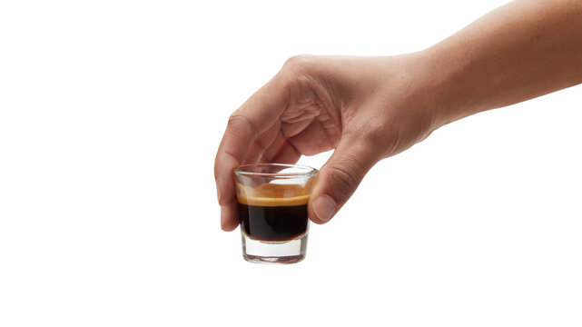 Hand holding shot of coffee. Isolated on transparent background, png