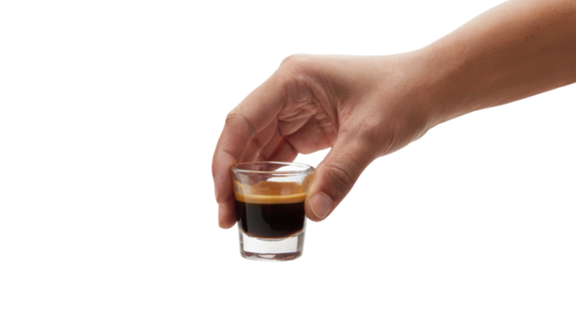 Hand holding shot of coffee. Isolated on transparent background, png