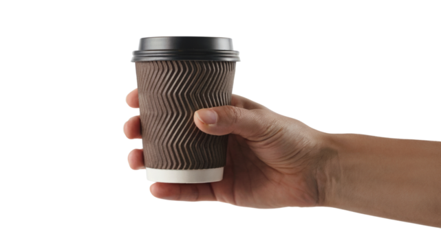 hand holding coffee cup ready to serve. Isolated on transparent background, png